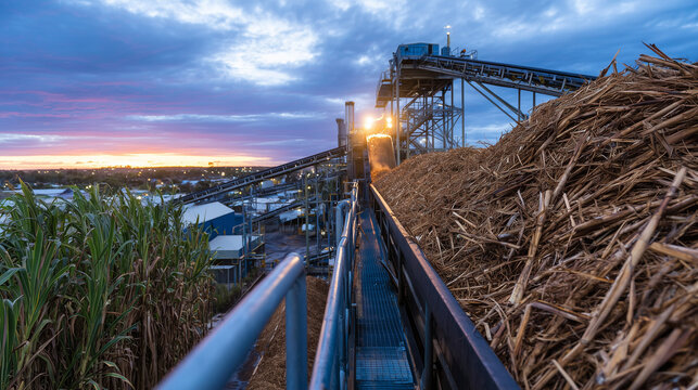 Harvested sugarcane loaded onto conveyor belts at dusk for processing into biofuel