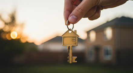 Hand holding house key with a small house charm, home ownership.
