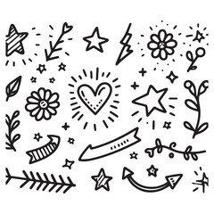 cute glitter pen line elements. Heart, arrow, star, sparkle decoration symbol set. Simple sketch line style emphasis, attention, effect hand drawn shapes. Vector illustration 