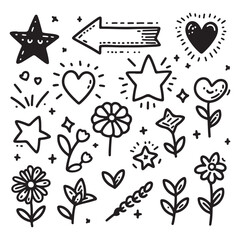 cute glitter pen line elements. Heart, arrow, star, sparkle decoration symbol set. Simple sketch line style emphasis, attention, effect hand drawn shapes. Vector illustration 
