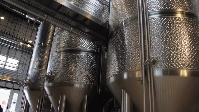 Gleaming stainless steel fermentation tanks dominate a modern beverage production facility, showcasing advanced temperature control and energy efficiency