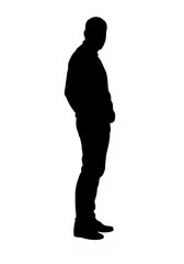 Silhouette of a man standing in a relaxed pose with hands in pockets, isolated on a white background. Ideal for conceptual designs, anonymity themes, or graphic compositions