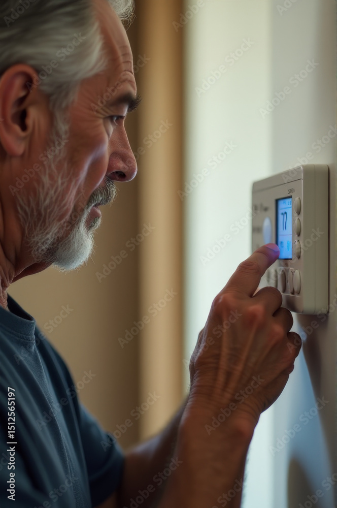 Poster a person fine-tuning the temperature control on a wall-mounted thermostat