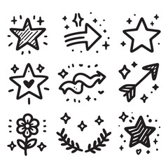 cute glitter pen line elements. Heart, arrow, star, sparkle decoration symbol set. Simple sketch line style emphasis, attention, effect hand drawn shapes. Vector illustration 