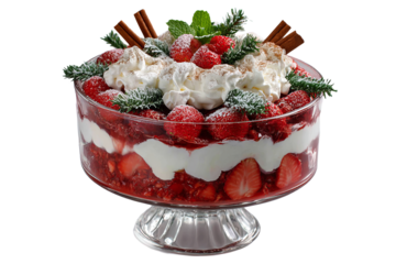 A vibrant strawberry trifle, layered with cream and berries, ready for a holiday gathering.