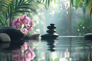 Experience serenity in a tranquil zen spa sanctuary featuring vibrant pink orchids and soothing stones in calm water amidst lush greenery