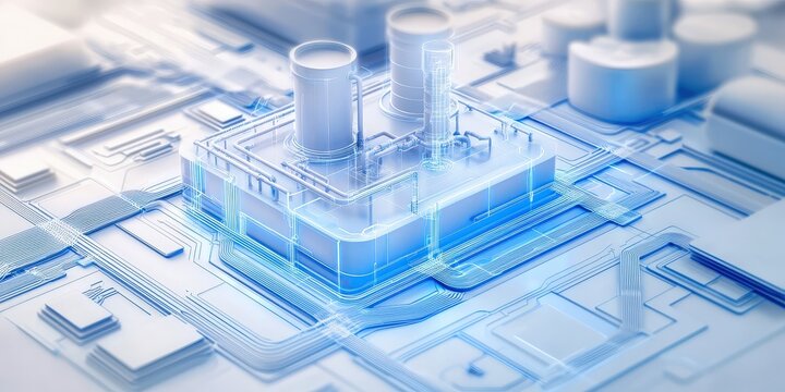 3D rendering of an industrial facility with complex piping and structures.