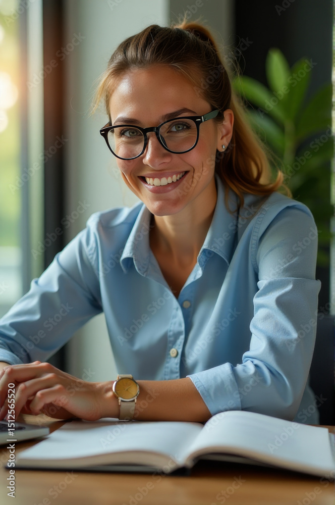 Poster a woman sits at a desk using a laptop computer