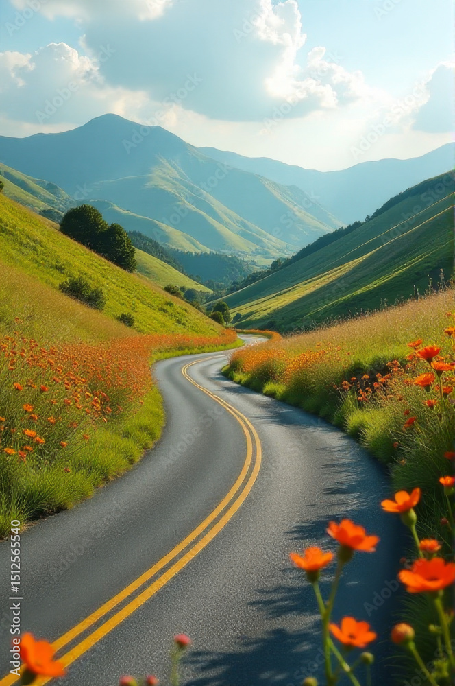 Poster a winding road surrounded by a field of colorful flowers, suitable for use as a backdrop or illustra