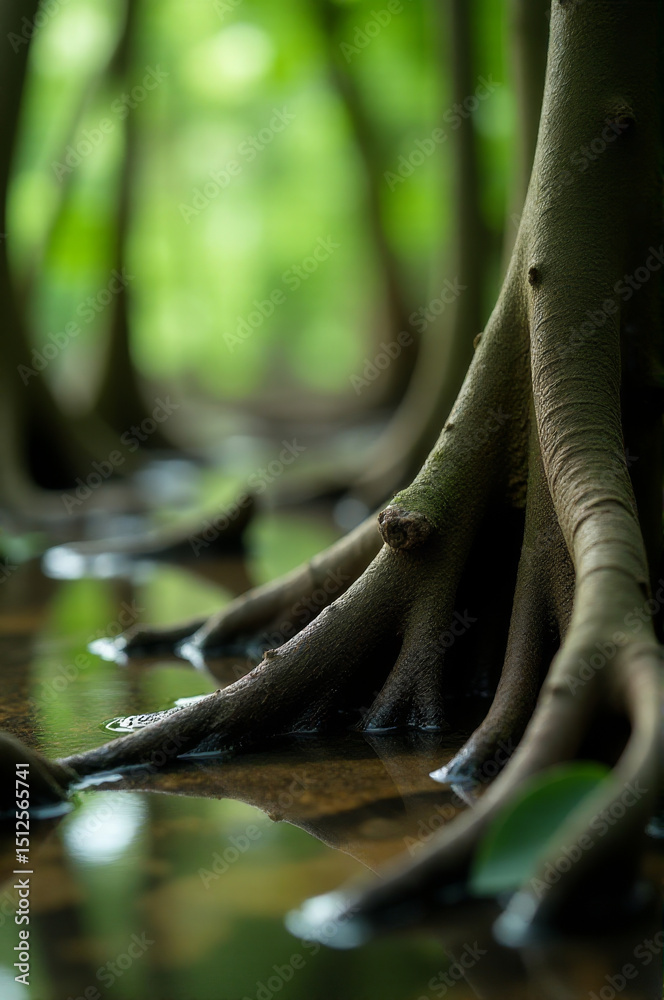 Poster a group of trees standing in the water, perhaps in a flood or during a storm