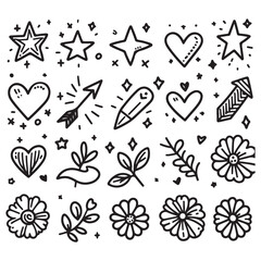 cute glitter pen line elements. Heart, arrow, star, sparkle decoration symbol set. Simple sketch line style emphasis, attention, effect hand drawn shapes. Vector illustration 