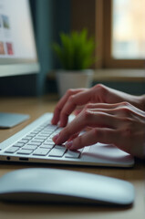 A close-up shot of a person working on their laptop, fingers flying across the keyboard as they type away