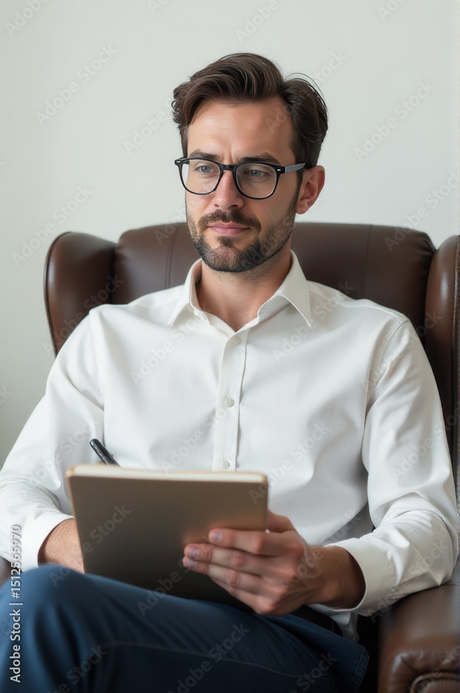 Poster a person sitting in a chair holding a tablet computer, great for business or technology-related them