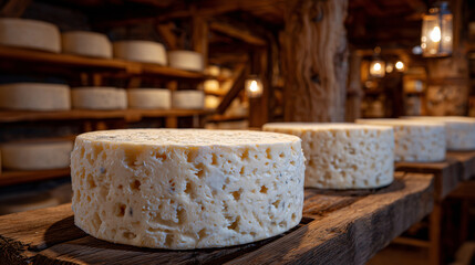 A traditional cheese cave with wheels of aging cheese stacked on wooden shelves, lit by soft lantern light