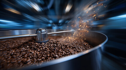 High-speed image of coffee beans roasting and tumbling in an industrial drum roaster