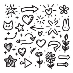 cute glitter pen line elements. Heart, arrow, star, sparkle decoration symbol set. Simple sketch line style emphasis, attention, effect hand drawn shapes. Vector illustration 