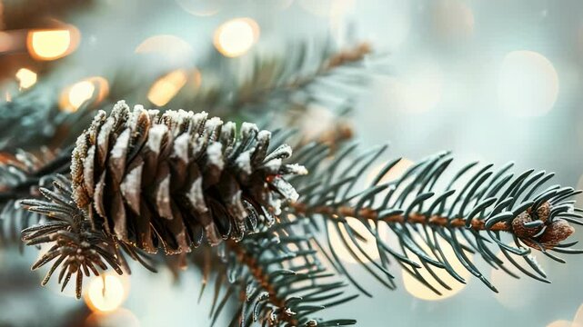 Close-up shot of a pinecone on a frosted evergreen branch. Bokeh lights illuminate the background, creating a festive, winter season atmosphere. The bough is adorned with frost.
