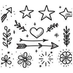 cute glitter pen line elements. Heart, arrow, star, sparkle decoration symbol set. Simple sketch line style emphasis, attention, effect hand drawn shapes. Vector illustration 