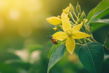 Fototapeta premium Close-Up of a Ladybug Resting on a Vibrant Yellow Blossom in a Lush Summer Landscape