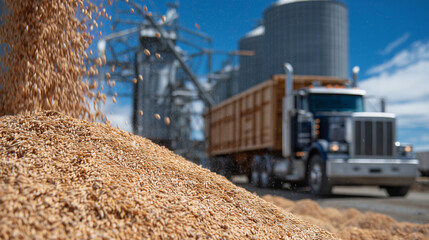 Golden wheat grains pouring from a giant silo into a waiting bulk transport truck under a bright blue sky