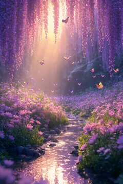 Enchanted Floral Haven: A mesmerizing scene unfolds, with cascading blossoms and delicate butterflies gracing a stream-side path, bathed in a radiant light and capturing the essence of serenity.