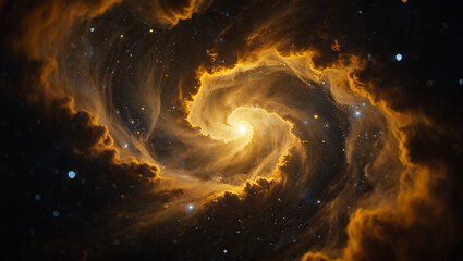 Swirling golden nebula in the vast expanse of space with distant stars © Designer Raiful