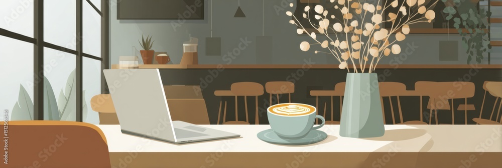 Poster cozy cafe interior showcasing a laptop and cappuccino on a clean table in a tranquil setting with so