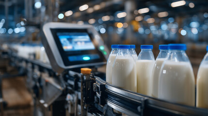 Milk bottles on a conveyor belt with a digital scanner verifying barcodes in a high-tech dairy plant