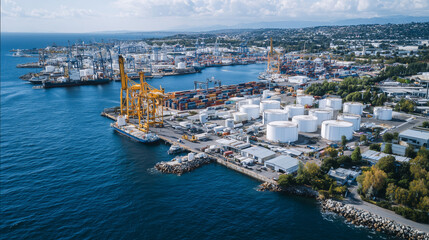 Obraz premium Aerial shot of a complex agro-industrial logistics network connecting farms, warehouses, and ports