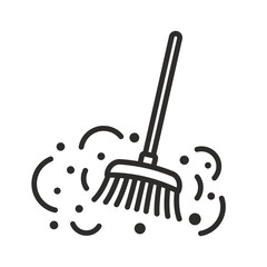 broom with pile garbage, cleaning icon, besom and cloud dust, thin line vector illustration