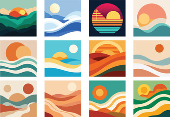 bundle of retro sunset vector illustration with waves