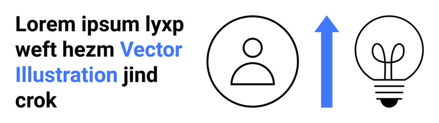 Profile icon next to upward arrow and light bulb suggesting personal growth, innovation, and ideas. Ideal for creativity, development, education, business, teamwork, inspiration simple landing page