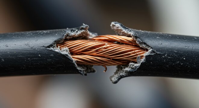 Damaged electrical black cable with exposed copper wires for concept of danger in electricity. Broken insulation risk.