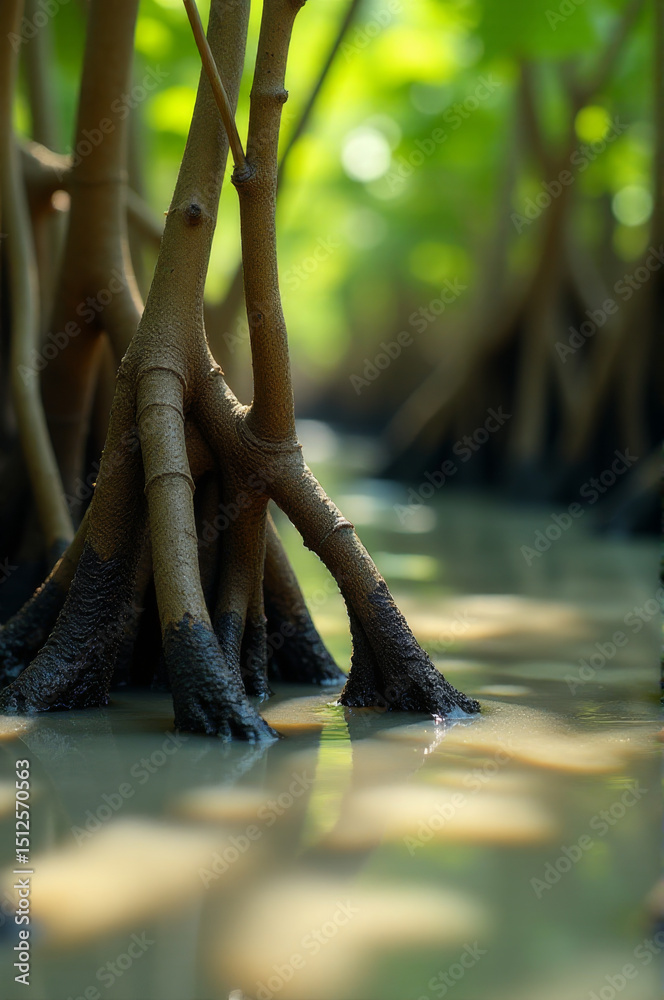 Poster trees partially submerged in a body of water