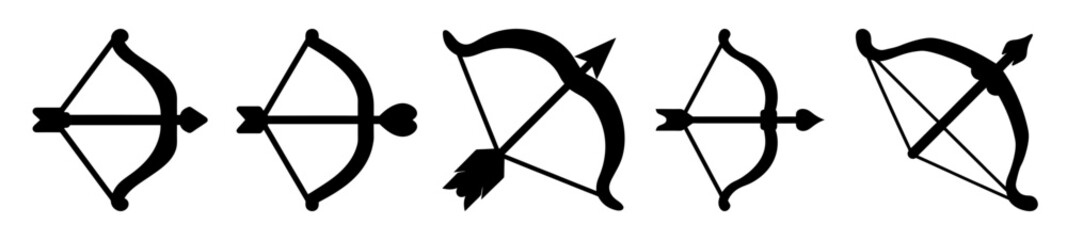 Black and white graphic illustrations of different bow and arrow designs