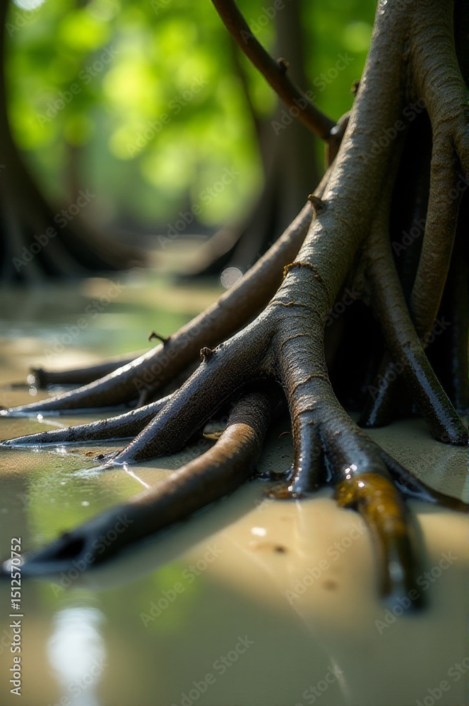 Aufkleber close-up view of tree roots exposed in soil, great for nature and environment themes