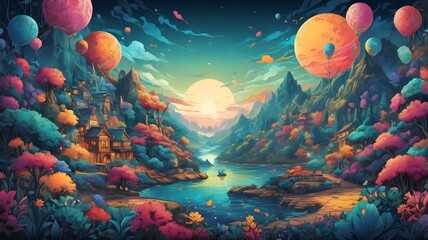 Surreal Landscape Vibrant River Valley with Floating Balloons and Sunset