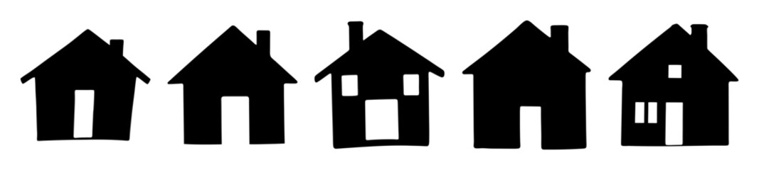 Stylized Black and White Image of Five Simple House Silhouettes in a Row