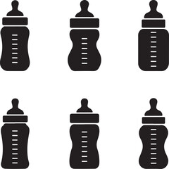 A simple and clean vector illustration featuring six black baby bottle silhouettes on a white background.