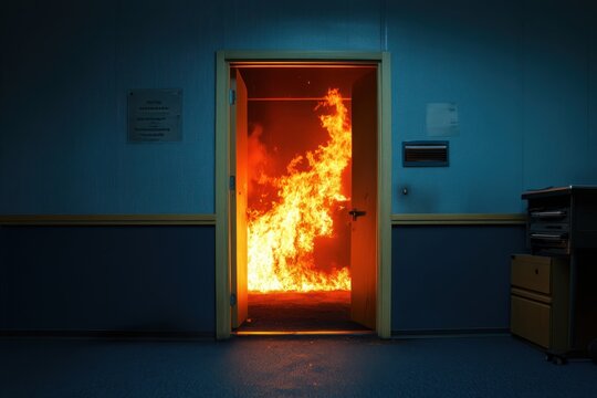 Flames engulf office space behind an open door, showcasing the rapid spread of fire and smoke in an otherwise quiet hallway, highlighting a critical emergency situation