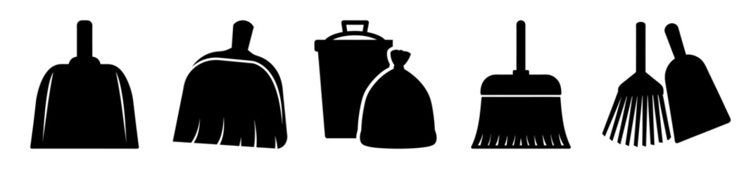 A compilation of vector graphics depicting cleaning and waste disposal tools