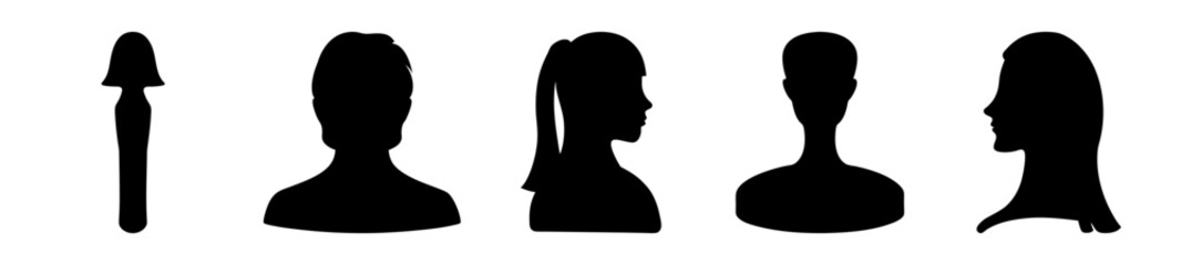 Diverse black silhouettes of people with different hairstyles on a white background