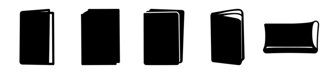 Five minimalist black book illustrations showcasing various angles and stages of openness