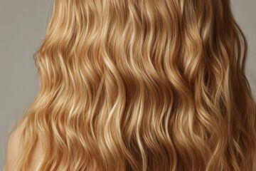 Fototapeta premium Natural Blonde Waves: Tanned Woman Showcasing Beautifully Colored Wavy Hair from a Rear Perspective on Grey