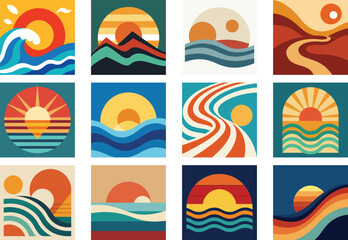 A bundle of retro sunset vector illustrations with waves