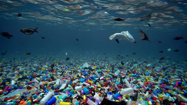 Marine Pollution Emergency: Vast Ocean Contaminated with Plastic Debris. Underwater View of Aquatic Life Struggling Among Floating Bottles and Waste