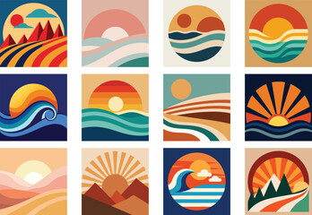 A bundle of retro sunset vector illustrations with waves