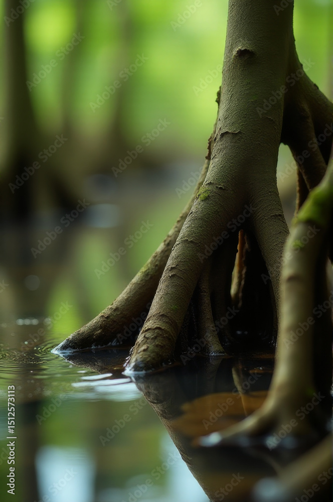 Poster close-up of tree roots exposed in water, perfect for environmental or nature-related concepts