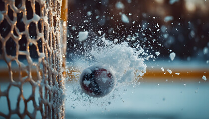a hockey puck frozen in mid air as it smashes into the goal net with tiny ice particles flying in slow motion and the tension of the impact clearly visible