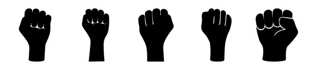 Five black fists arranged in a row against a stark white background